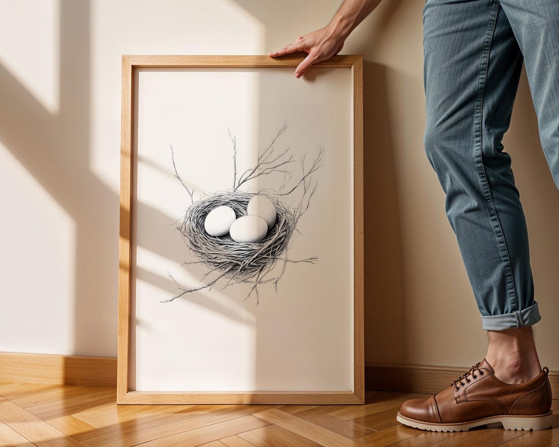 Bird Nest With Three White Eggs Realistic Pencil Drawing Poster - Image 2