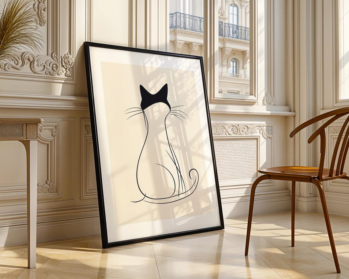 Minimalist Black Cat Line Art Sitting Silhouette Wall Poster - Image 4