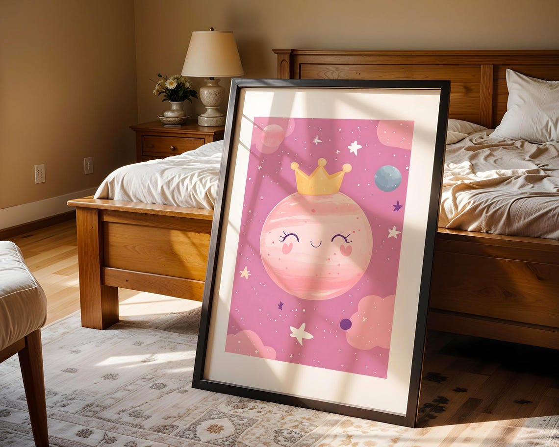 Cute Pink Planet with Golden Crown Smiling Face Nursery Art Poster - Image 4