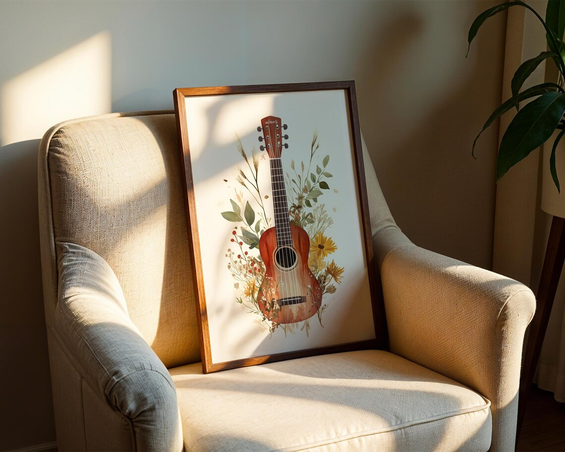 Acoustic Guitar Watercolor Boho Floral Botanical Music Art Poster - Image 2