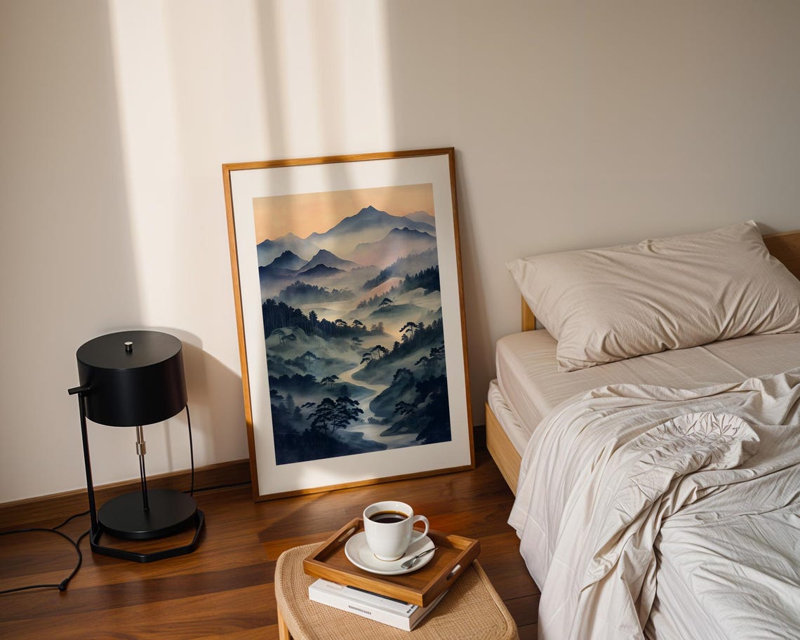 Misty Blue Mountain Valley River Japanese Watercolor Art Poster - Image 2
