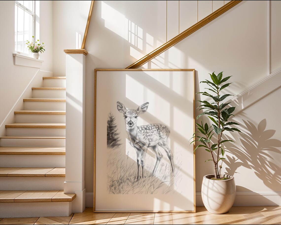 Adorable Baby Deer Fawn Pencil Sketch Soft Wildlife Nursery Poster - Image 2