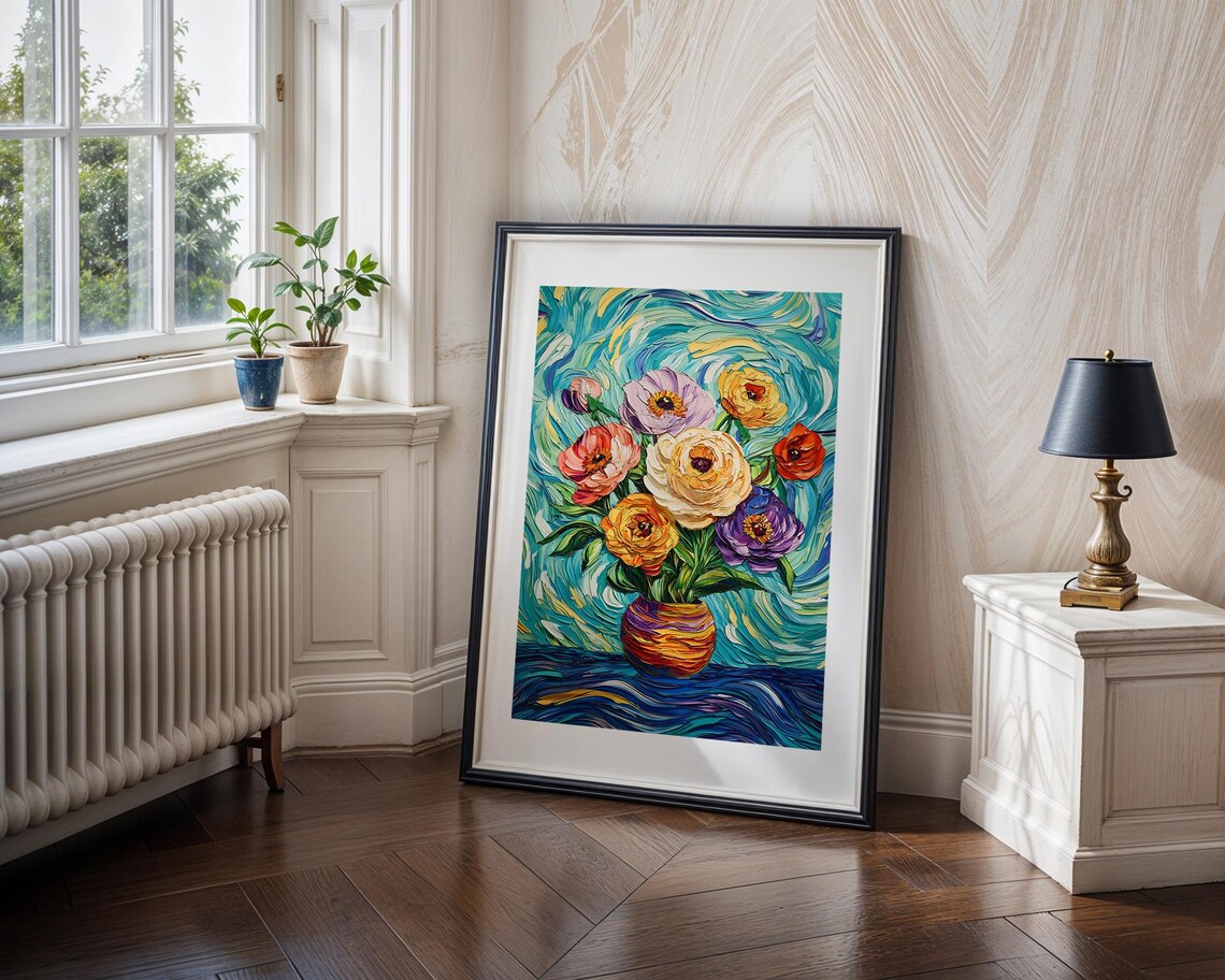 Colorful Impasto Floral Vase Bold Brushstroke Flower Art Poster