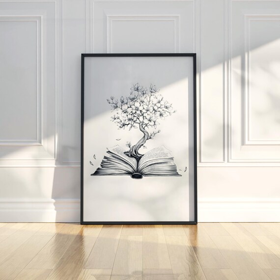 Blooming Book Tree Growing From Open Book Literary Sketch Poster