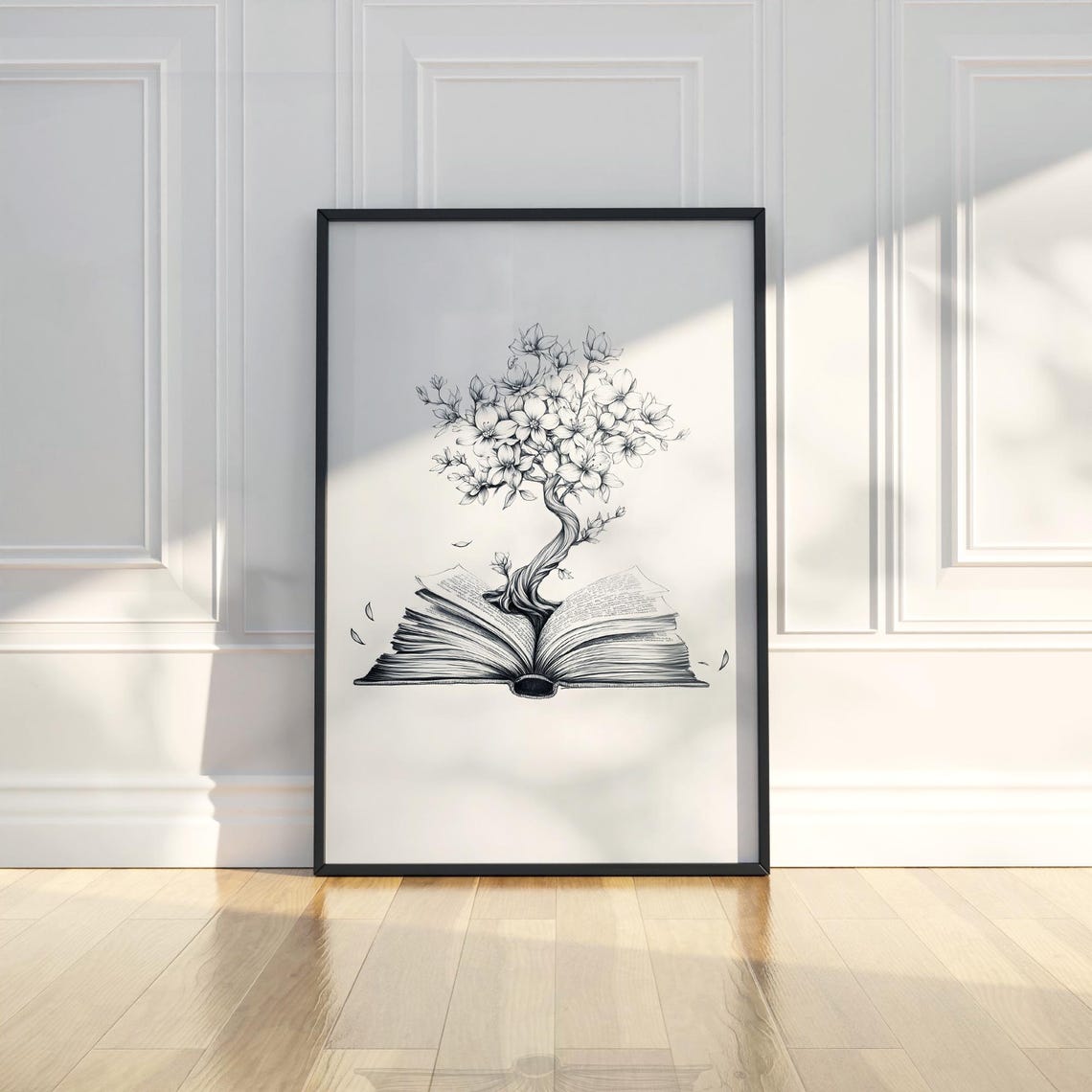 Blooming Book Tree Growing From Open Book Literary Sketch Poster