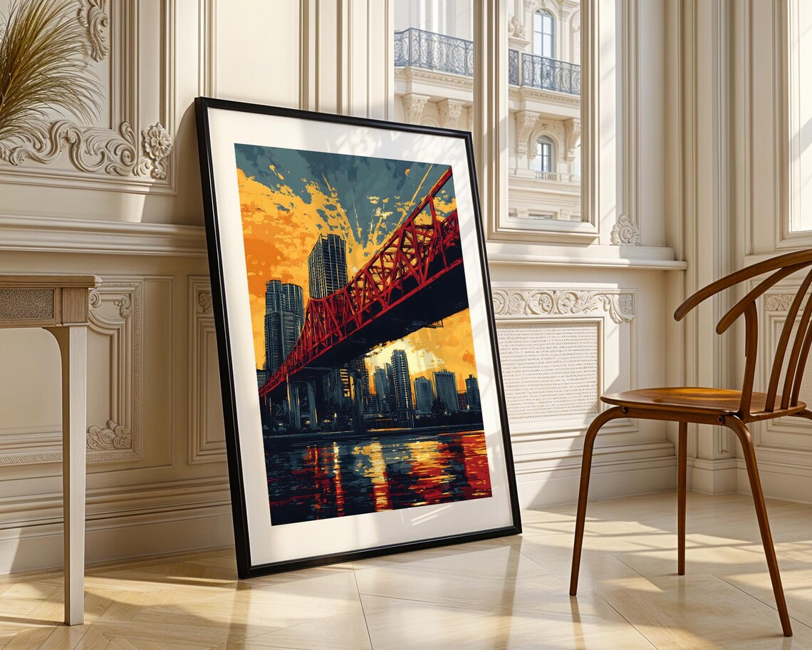 Red Steel Bridge Sunset City Skyline Vintage Pop Artwork Art Poster - Image 3