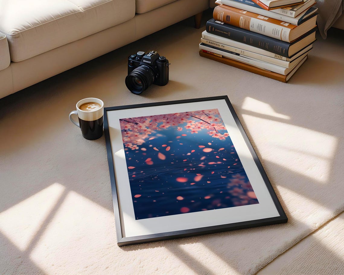 Japanese Cherry Blossom Petals Falling Over Deep Blue Water Poster - Image 5