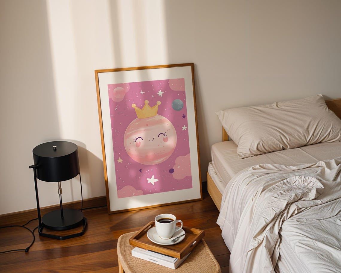 Cute Pink Planet with Golden Crown Smiling Face Nursery Art Poster - Image 2