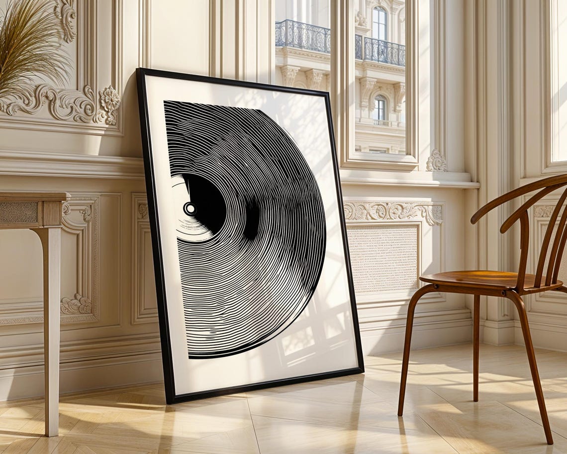 Vinyl Record Close Up Modern Black And White Line Art Music Poster - Image 4