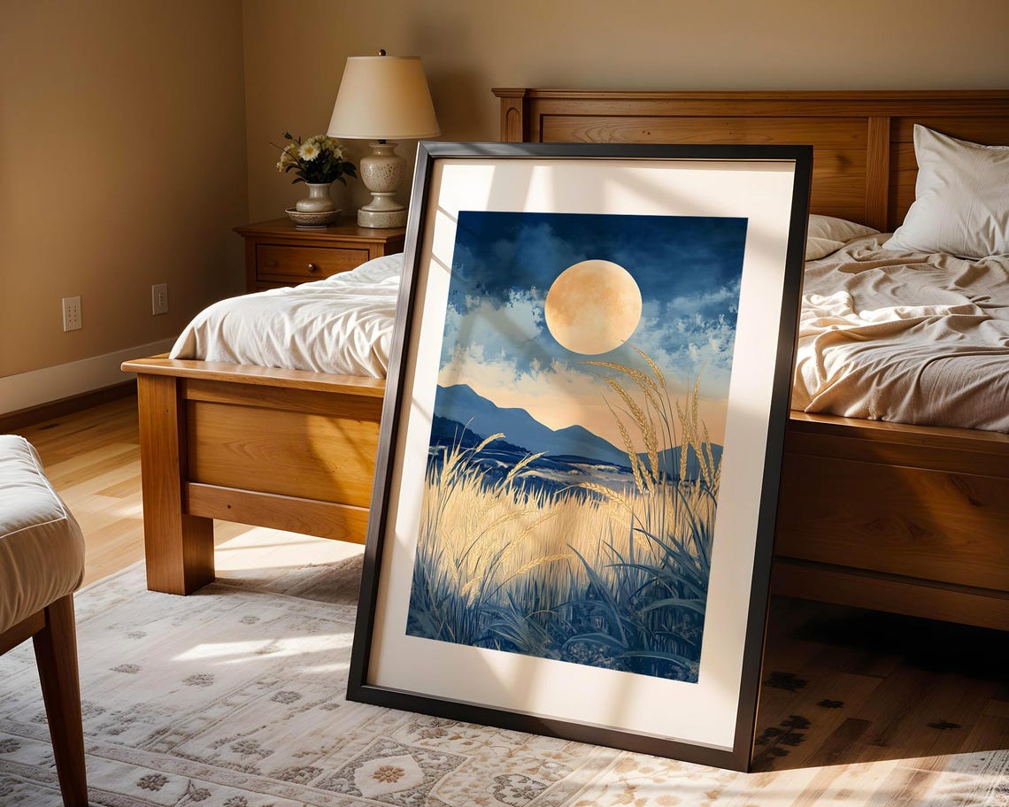 Golden Full Moon Over Night Wheat Field Blue Mountain Poster - Image 4