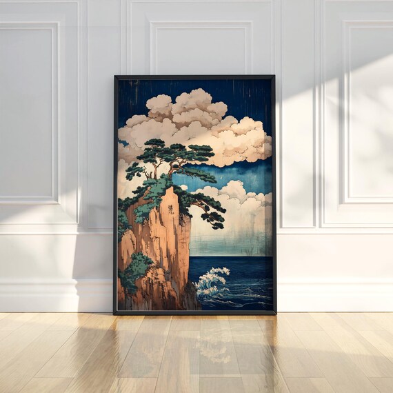 Japanese Pine Trees Cliff Over Ocean Ukiyoe Style Painting Poster