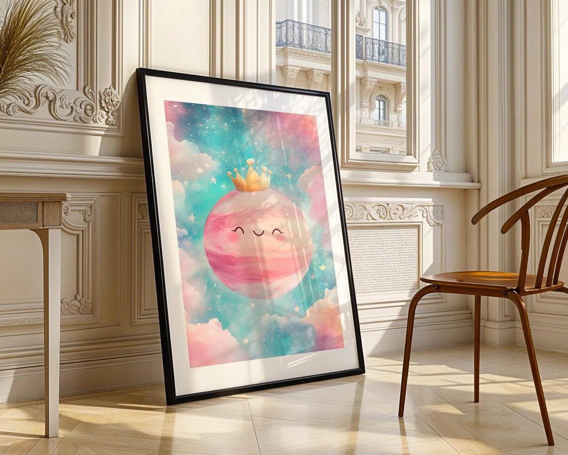 Cute Pastel Planet Crown Kawaii Space Kids Nursery Art Poster - Image 3