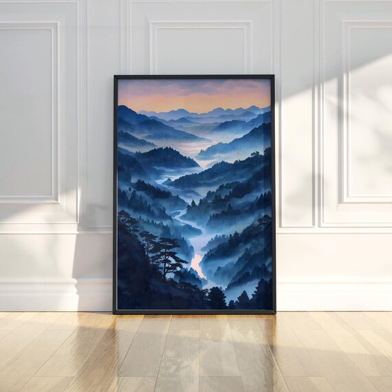 Misty Blue Mountain Valley Sunset River Landscape Nature Poster