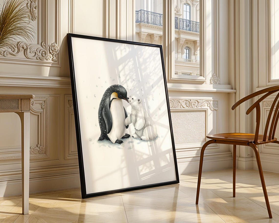 Penguin Polar Bear Embrace Winter Illustration Cute Animal Art Trendy Wall Modern Prints Nursey Print Gift - Image 3