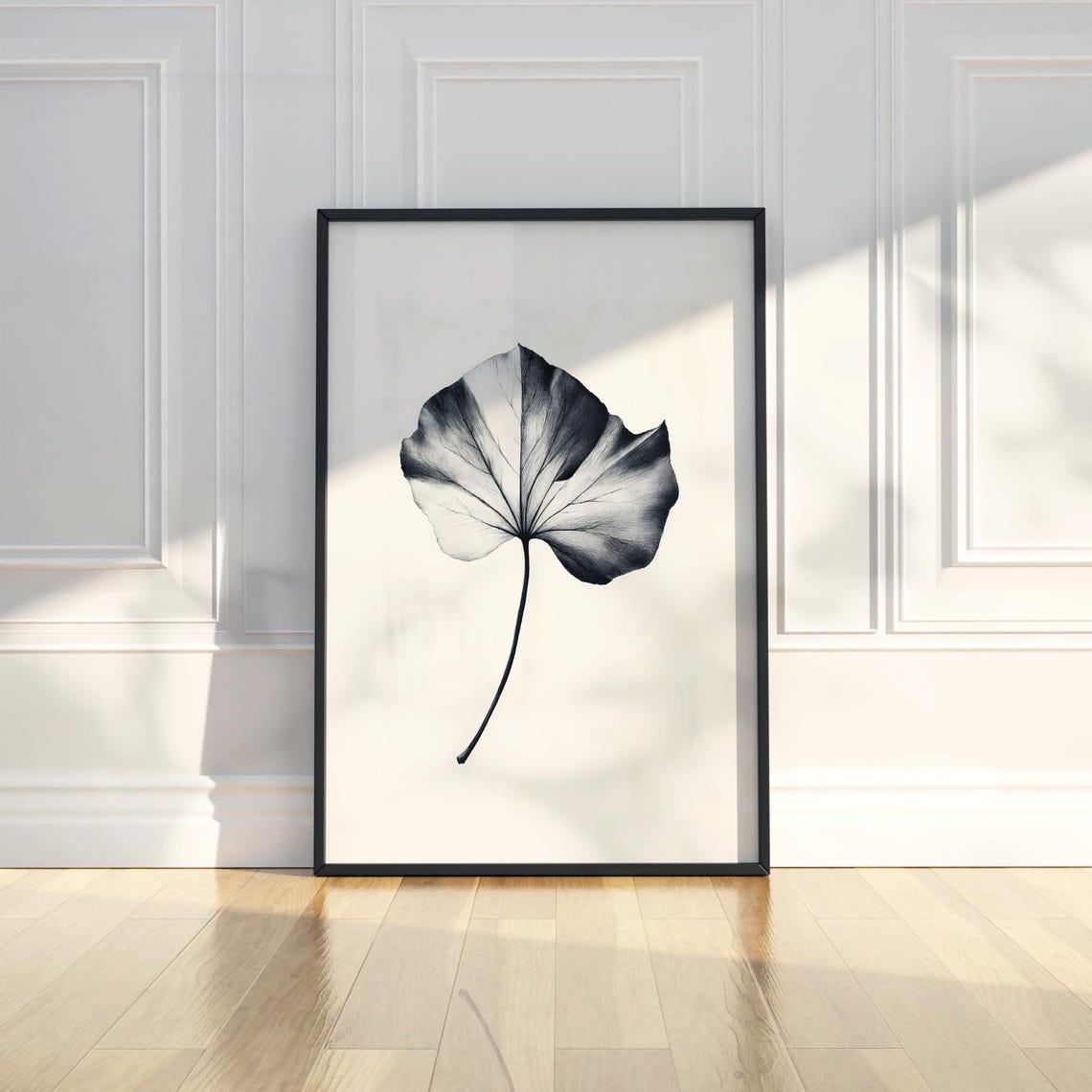 Black White Leaf Botanical Line Drawing Minimalist Art Poster