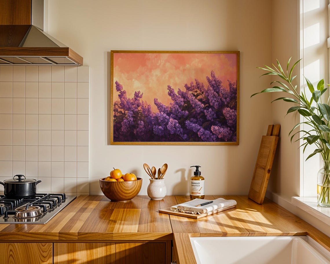 Purple Lilac Blooms Orange Sunset Sky Dramatic Floral Poster - Image 3