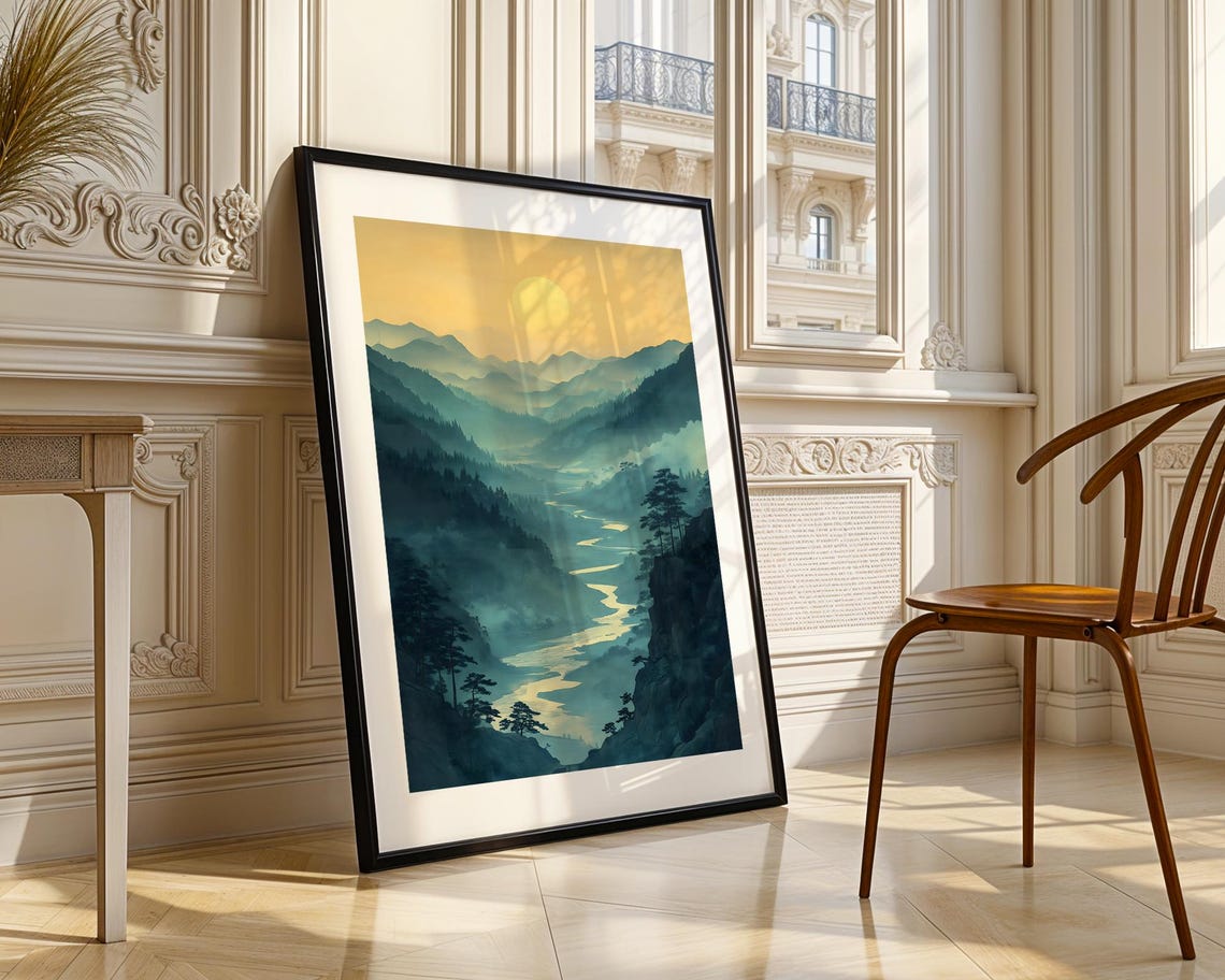 Misty Mountain Valley River Watercolor Landscape Artwork Poster - Image 3