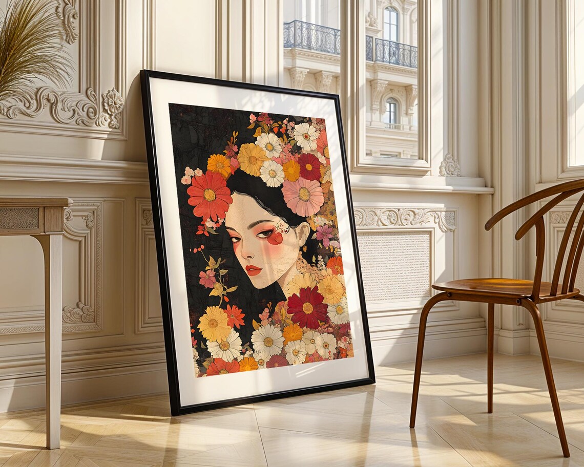 Woman Floral Portrait Colorful Flower Blooms Illustrative Art Poster - Image 3