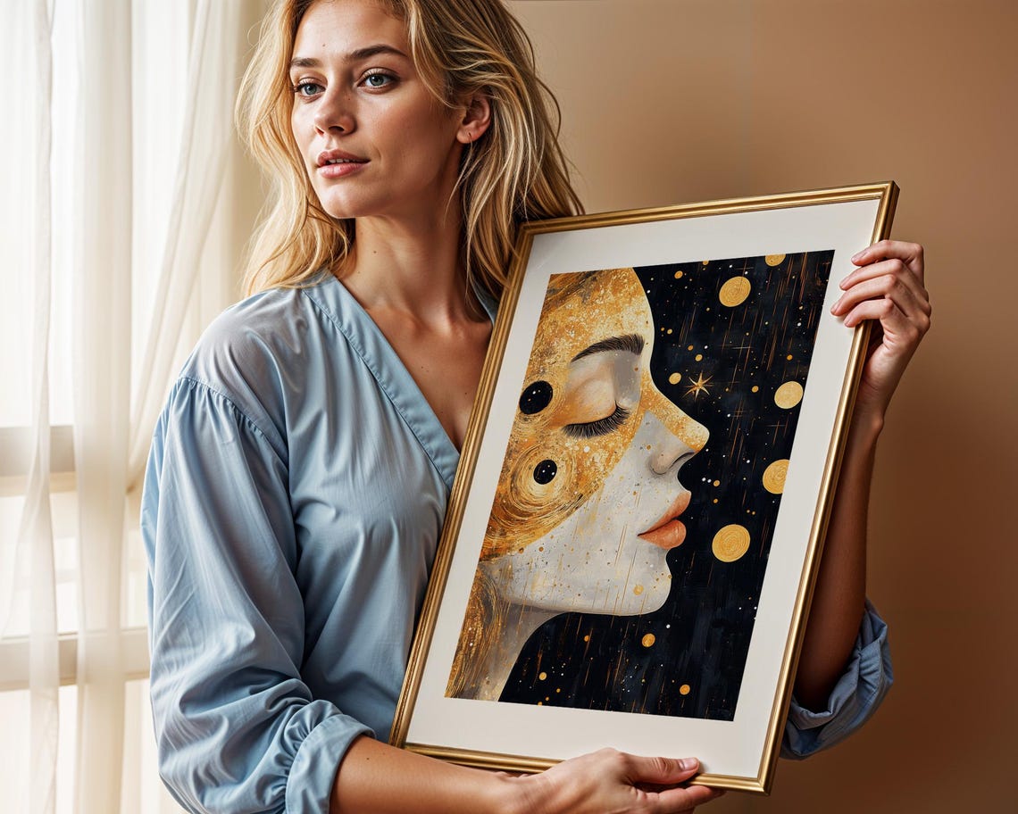 Celestial Goddess Cosmic Woman Portrait Golden Starry Poster - Image 2