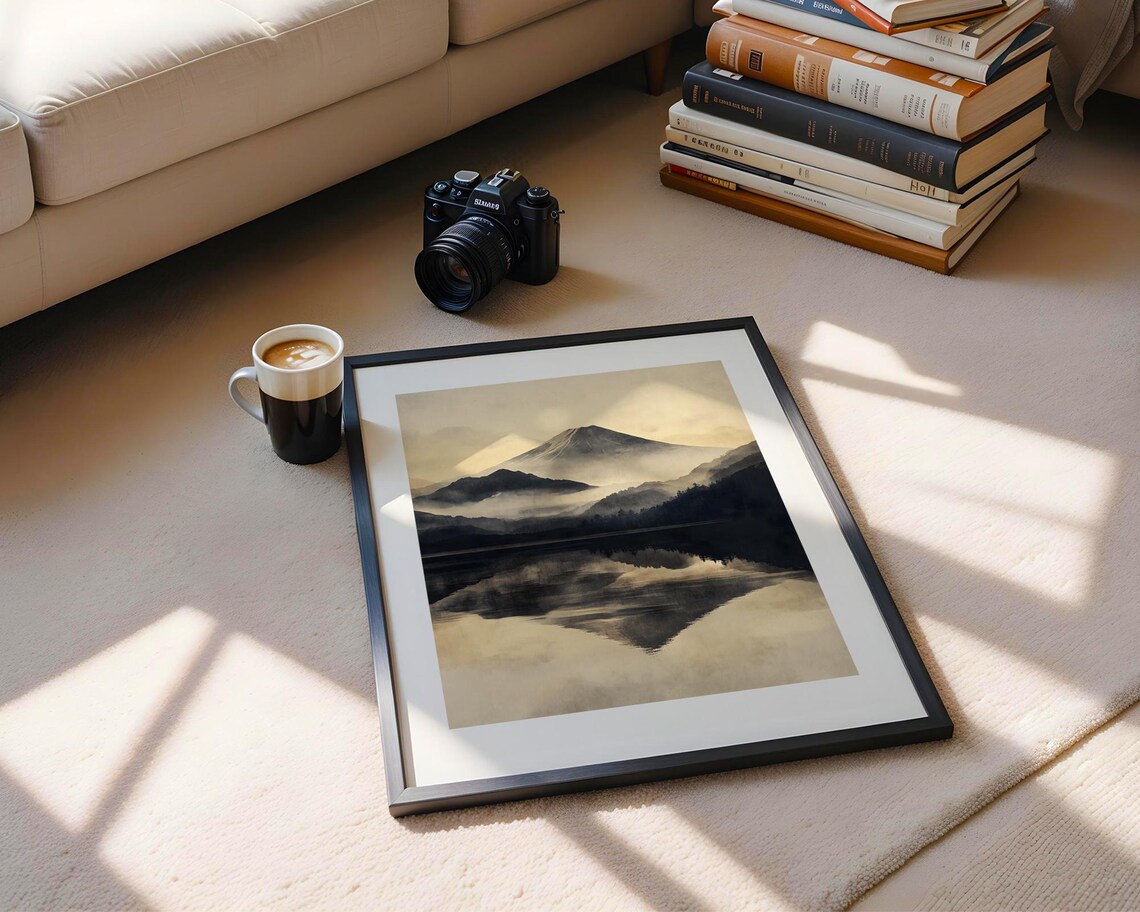 Serene Mount Fuji Misty Lake Reflection Ink Wash Painting Poster - Image 5