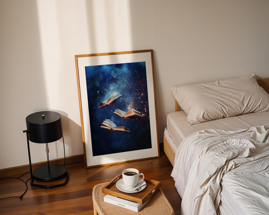 Magical Flying Books Cosmic Starry Night Celestial Fantasy Poster - Image 2