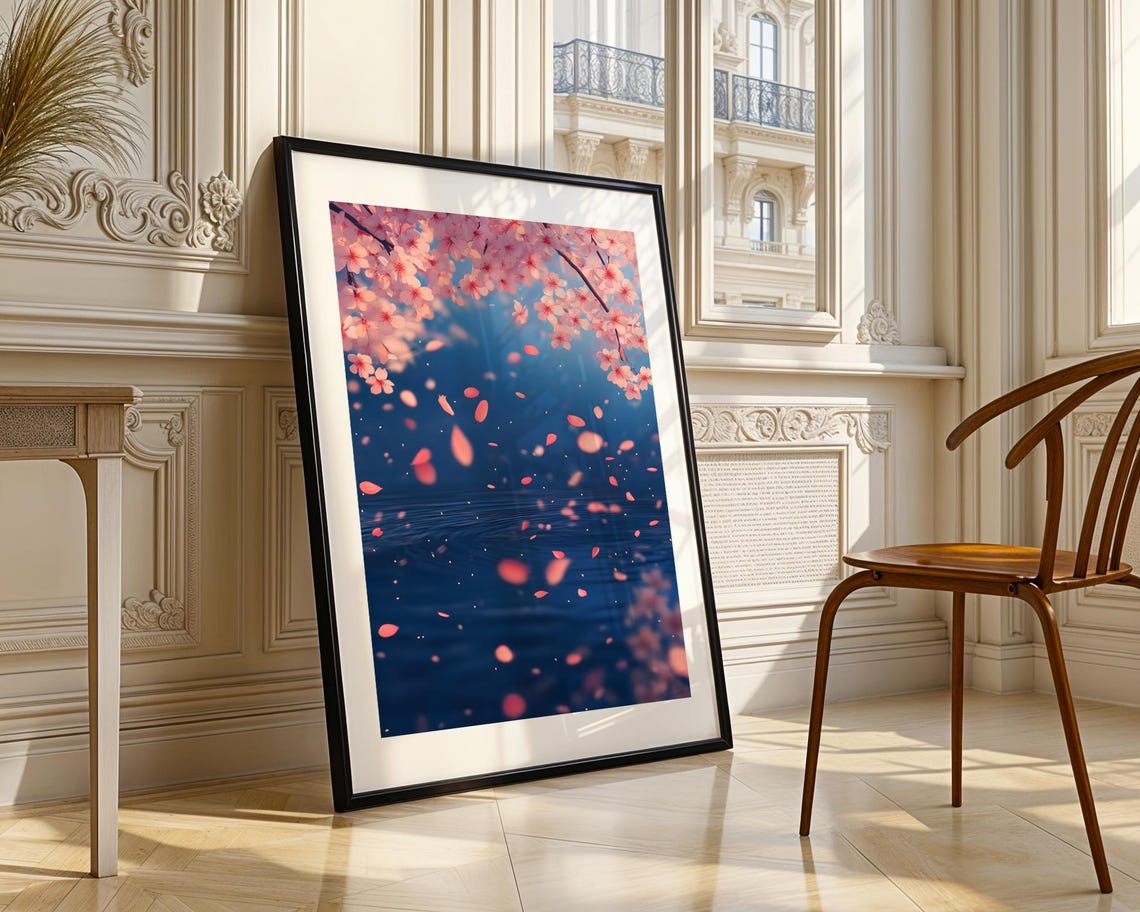 Japanese Cherry Blossom Petals Falling Over Deep Blue Water Poster - Image 3