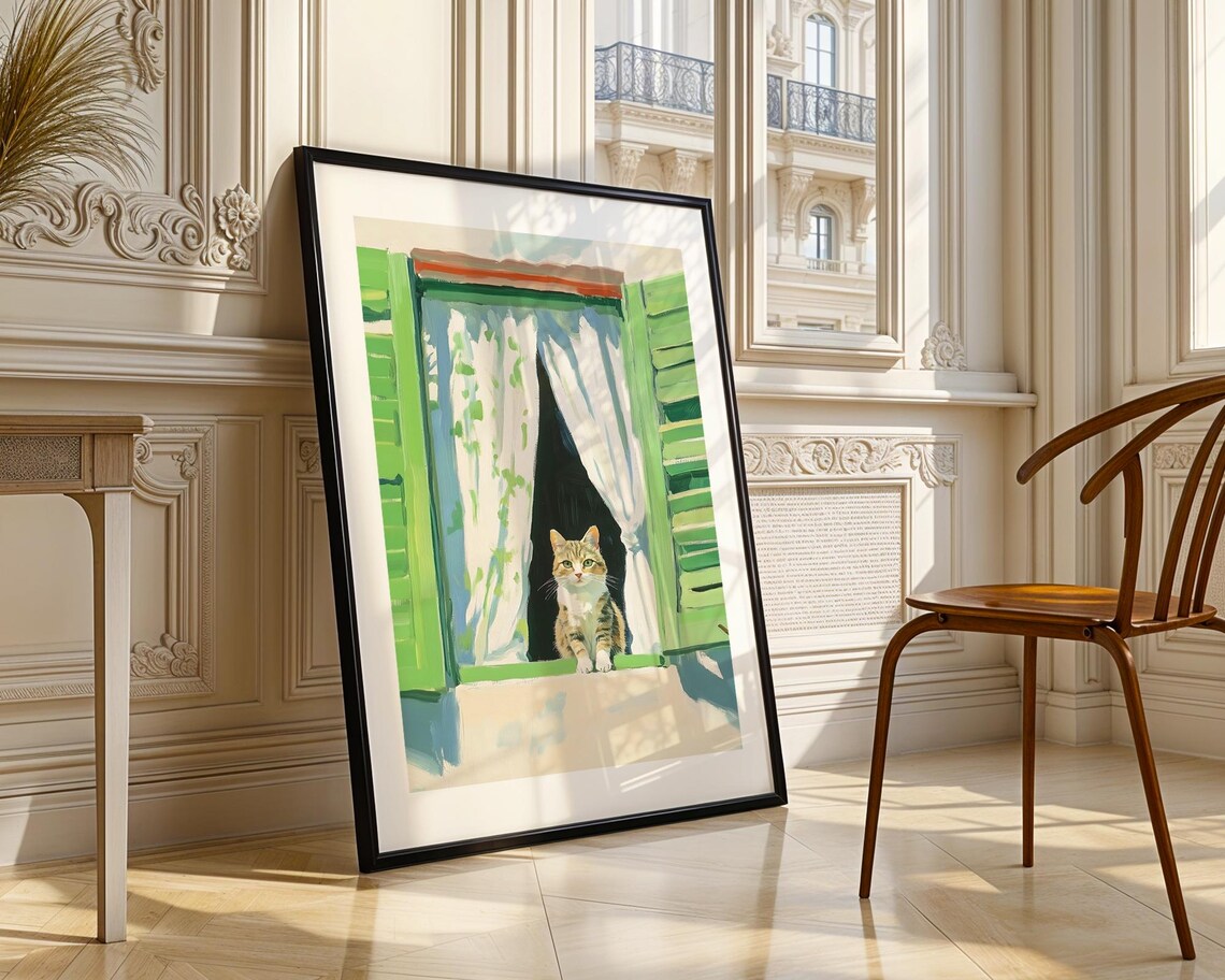 Cat in Green Shuttered Window White Curtain Impressionist Poster - Image 3