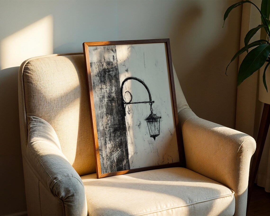 Vintage Street Lamp Charcoal Sketch Black and White Art Poster - Image 2