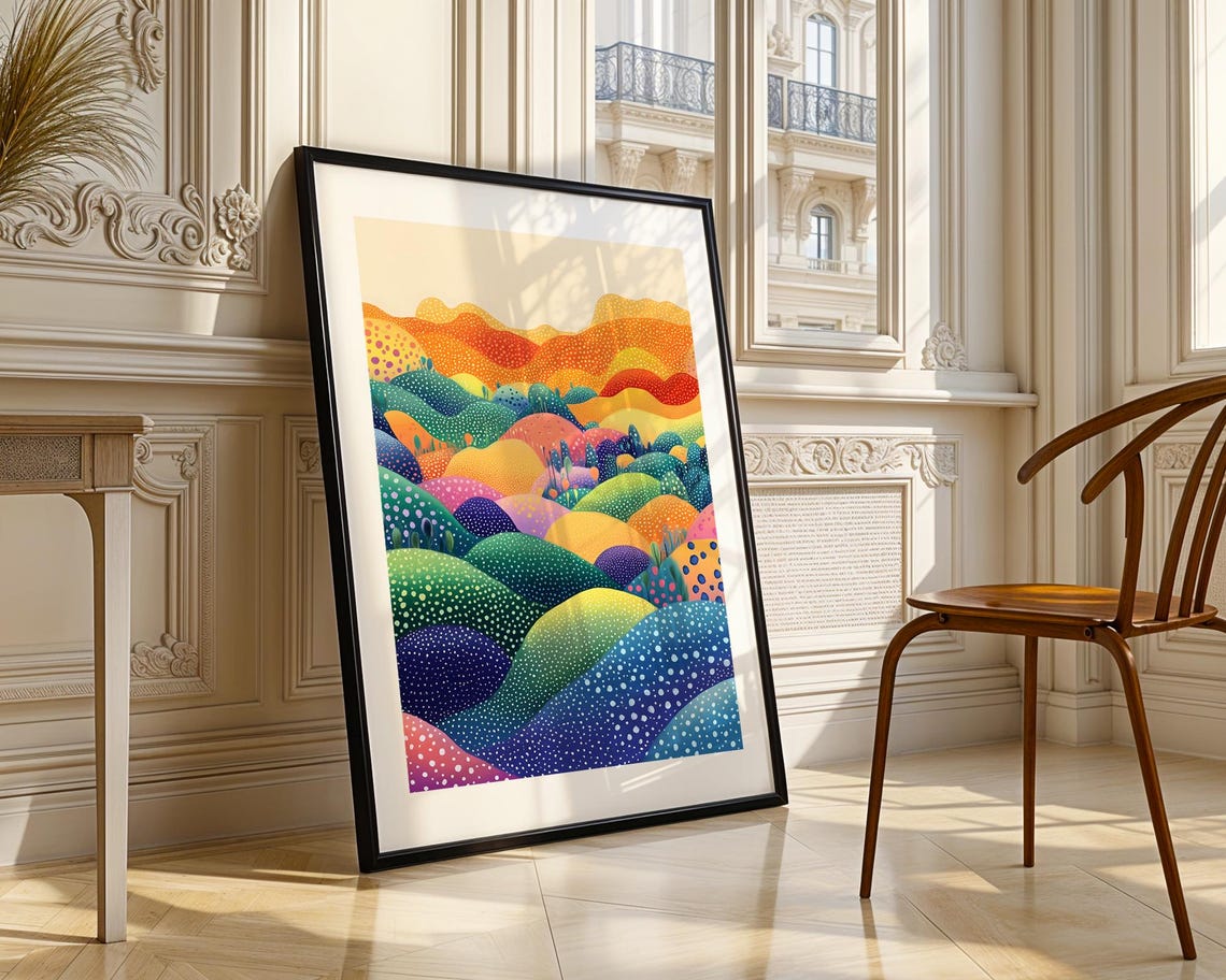 Colorful Rolling Hills Whimsical Dotted Fantasy Landscape Art Poster