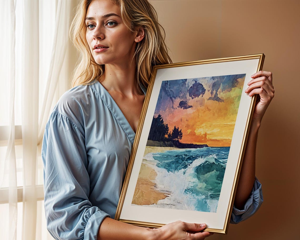 Bold Coastal Sunset Waves Ocean Beach Abstract Painting Poster - Image 2