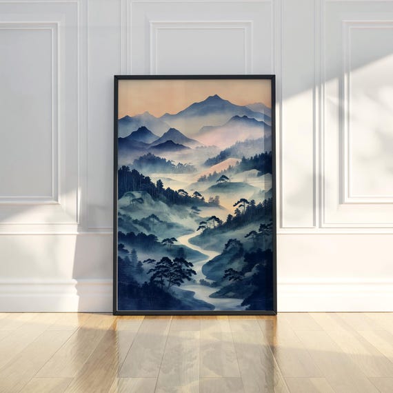Misty Asian Landscape Wall Art Print Nature Mountain River Valley Serene Tranquil Ink Wash Style Home Decor Living Room Bedroom Zen Gift