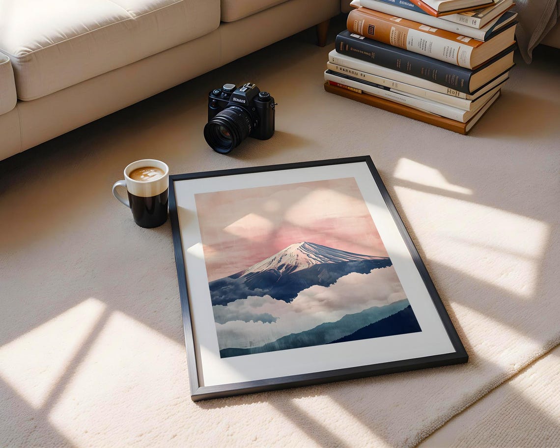 Mount Fuji Above Soft Pink Clouds Japanese Watercolor Art Poster - Image 5
