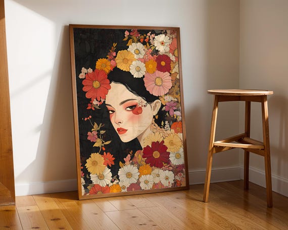 Floral Portrait Woman Bold Flowers Bohemian Illustration Trendy Wall Art Modern Prints Room Decor Print