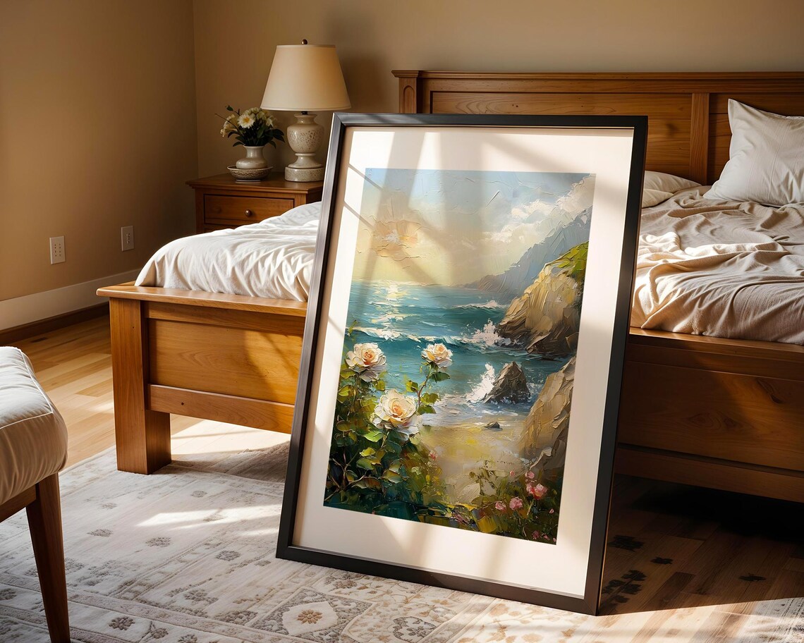 White Roses Coastal Cliff Sea Sunset Romantic Oil Painting Poster - Image 4