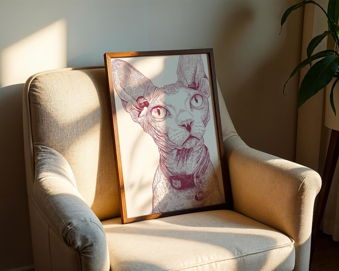 Sphynx Cat Portrait Magenta Ink Sketch Pet Illustration Poster - Image 2