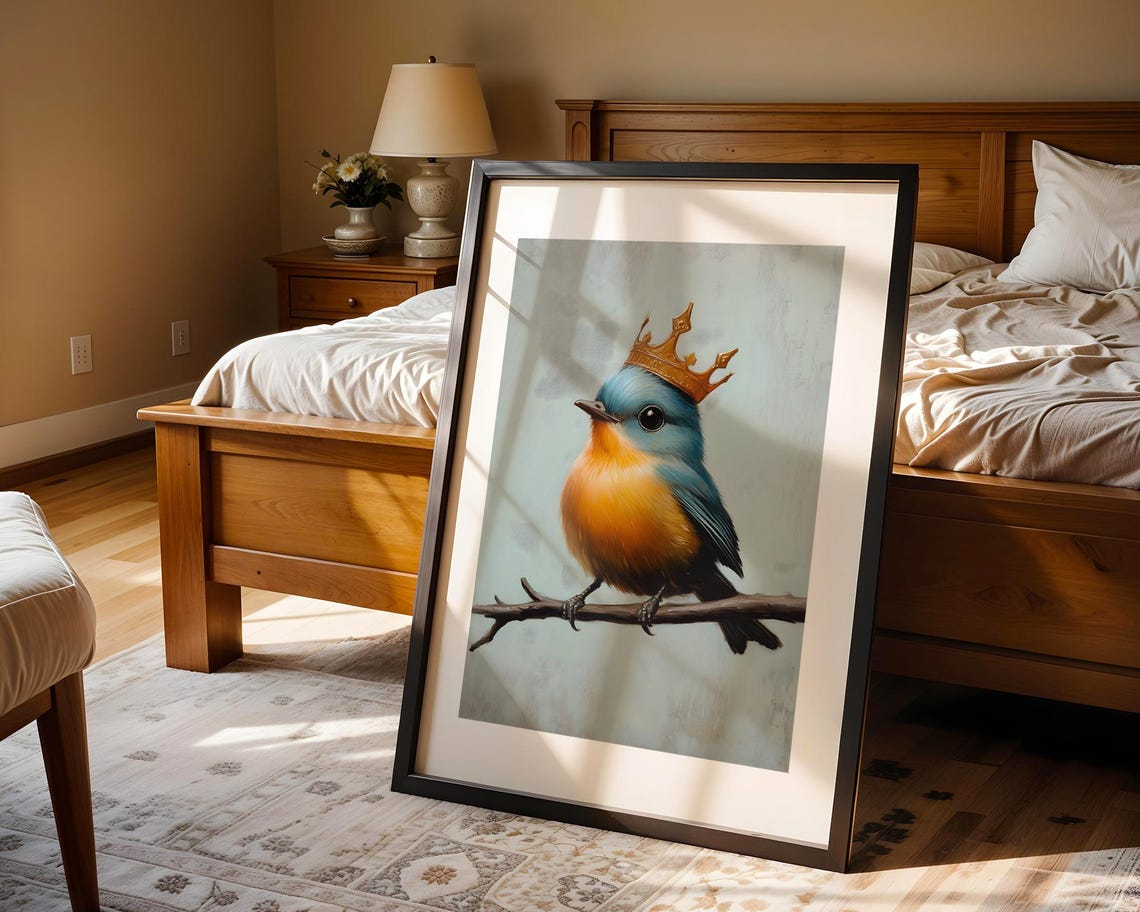 Cute Little Bird Golden Crown Nursery Decor Art Trendy Wall Room Prints Print Poster