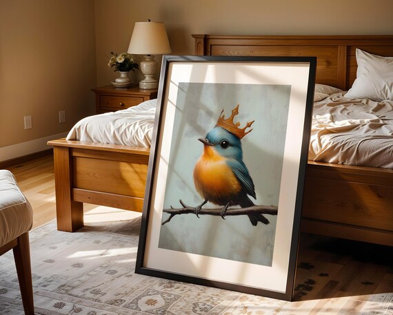 Cute Little Bird Wearing Golden Crown Whimsical Nursery Wall Art