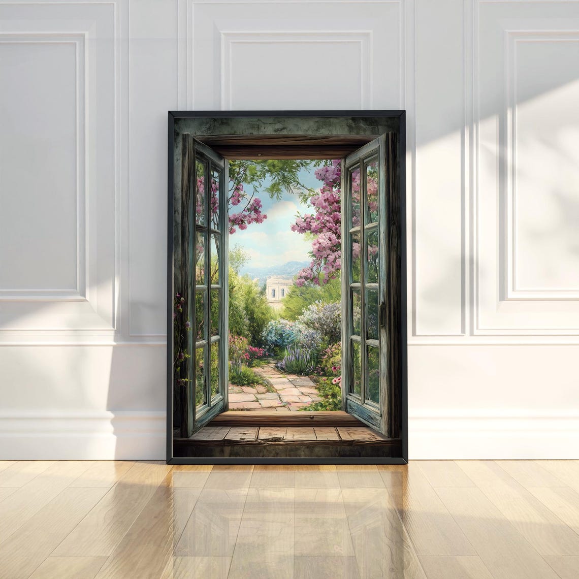 Romantic Open French Doors To Blooming Garden Path Landscape Poster