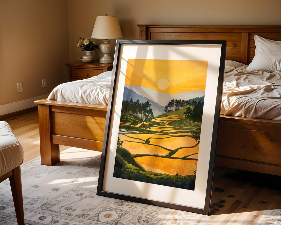 Golden Sunset Over Terraced Rice Paddies Mountain Art Poster - Image 4