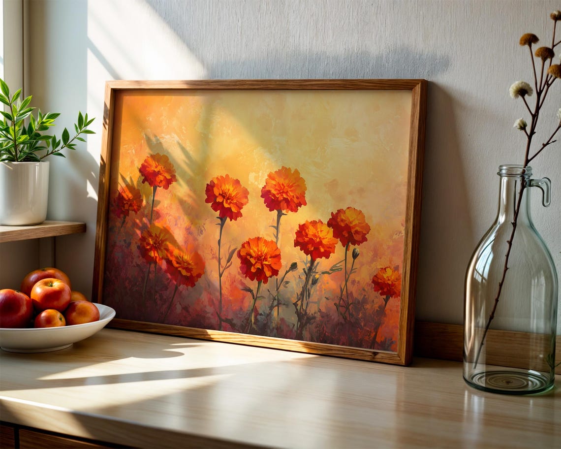 Vibrant Orange Marigold Flowers Golden Yellow Background Art Poster - Image 2