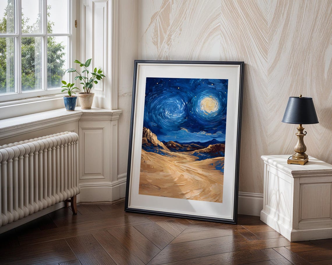 Starry Night Desert Mountains Swirling Sky Dramatic Dunes Poster - Image 4