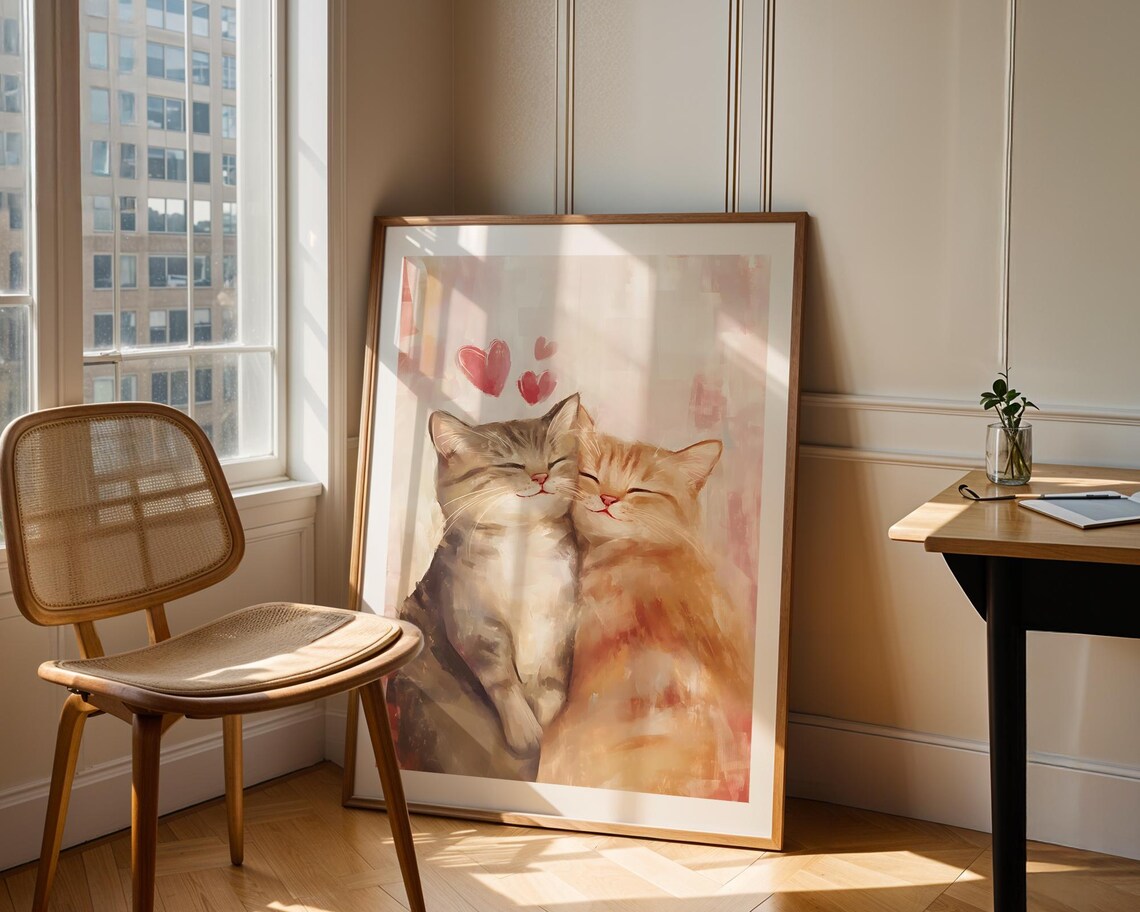 Two Cats Cuddling Pink Hearts Watercolor Cute Kitten Love Art Poster - Image 2