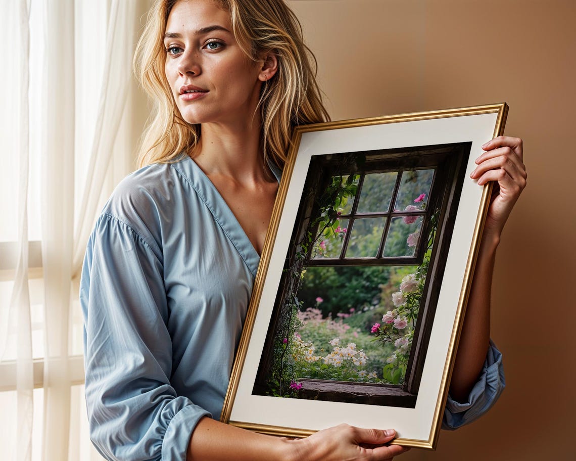 Open Window Rose Garden Bloom View Floral Cottage Decor Poster - Image 2