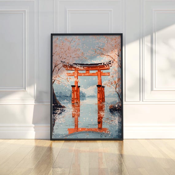 Japan Torii Gate Wall Art Print Cherry Blossom Painting Floating Asian Landscape Modern Home Decor Fine Gift