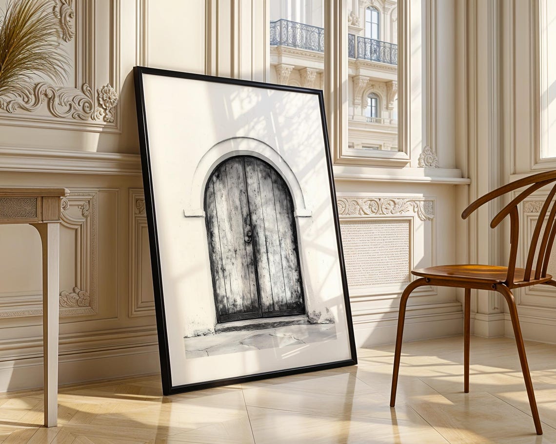 Rustic Arched Wooden Door Black White Vintage Entryway Wall Poster - Image 4