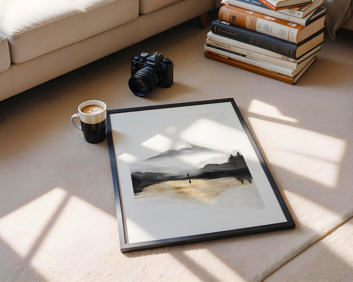 Mount Fuji Minimal Ink Painting Lonely Figure Misty Lake Poster - Image 5