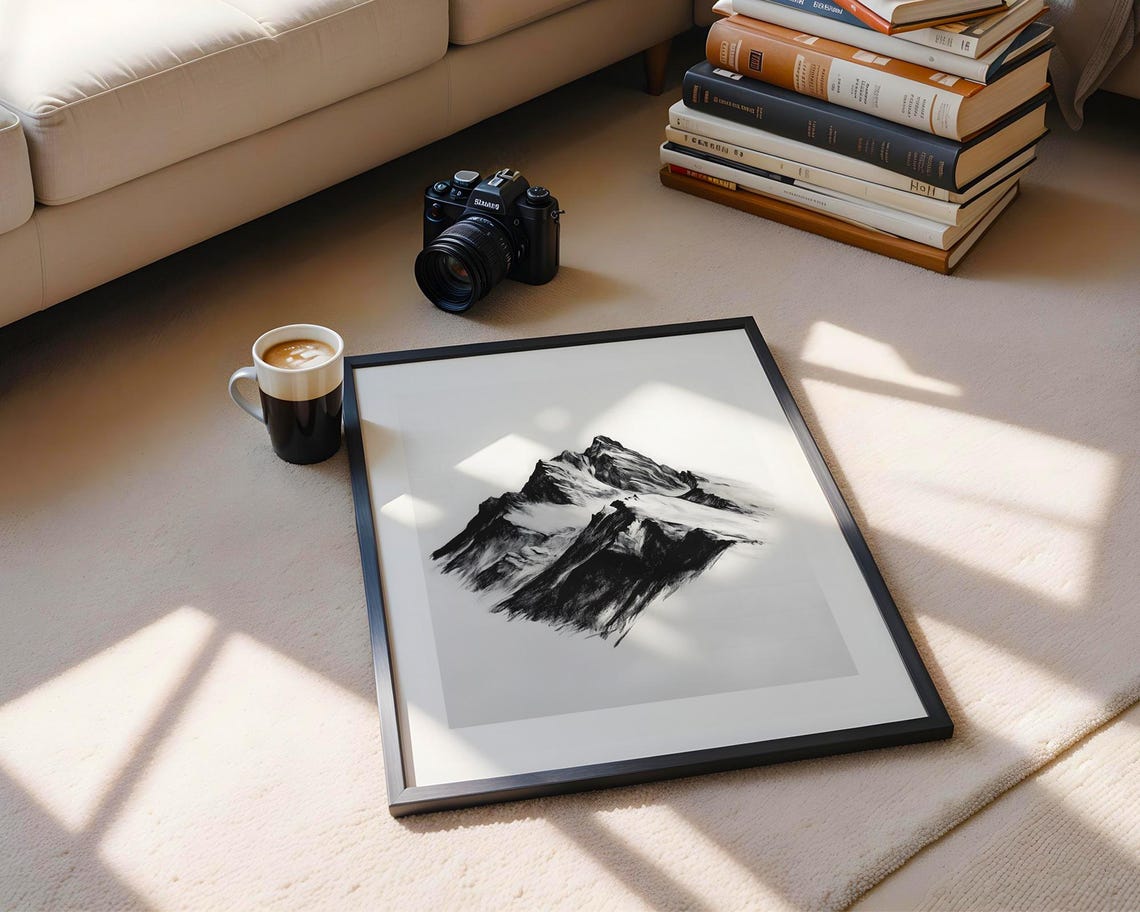 Snowy Mountain Peak Black Charcoal Sketch Minimalist Nature Poster - Image 6