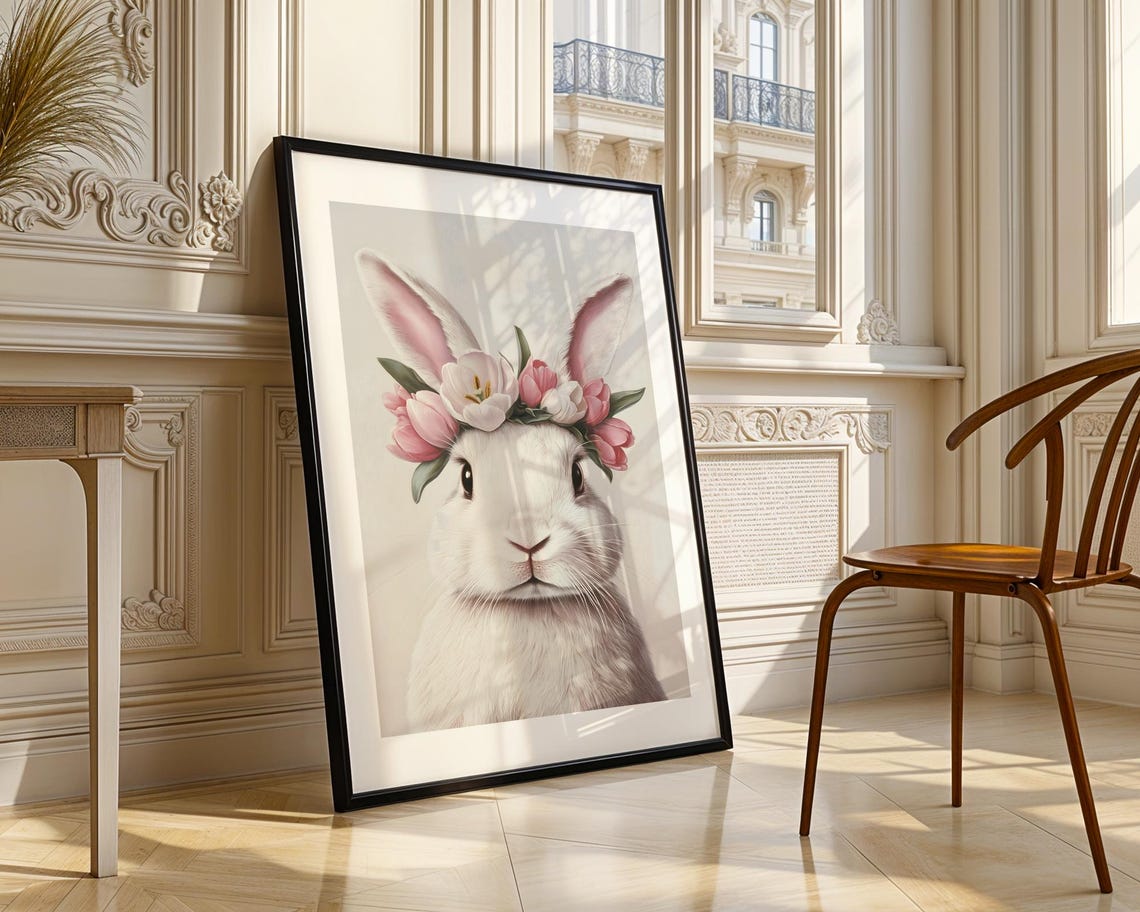 Sweet White Bunny Pink Floral Crown Nursery Easter Art Poster - Image 3