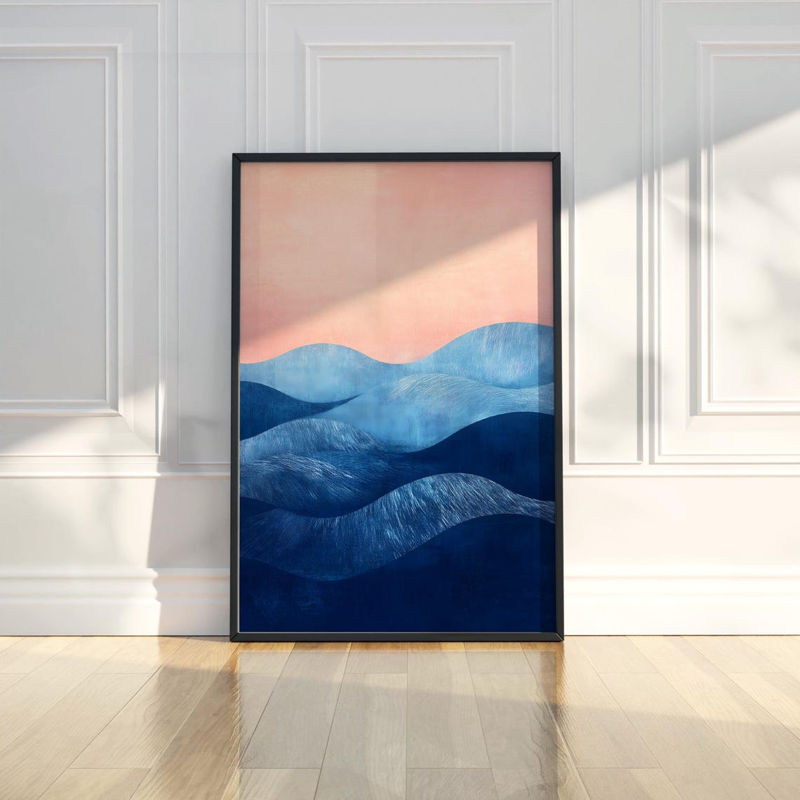 Abstract Navy Blue Rolling Hills Art Poster with Blush Pink Sky