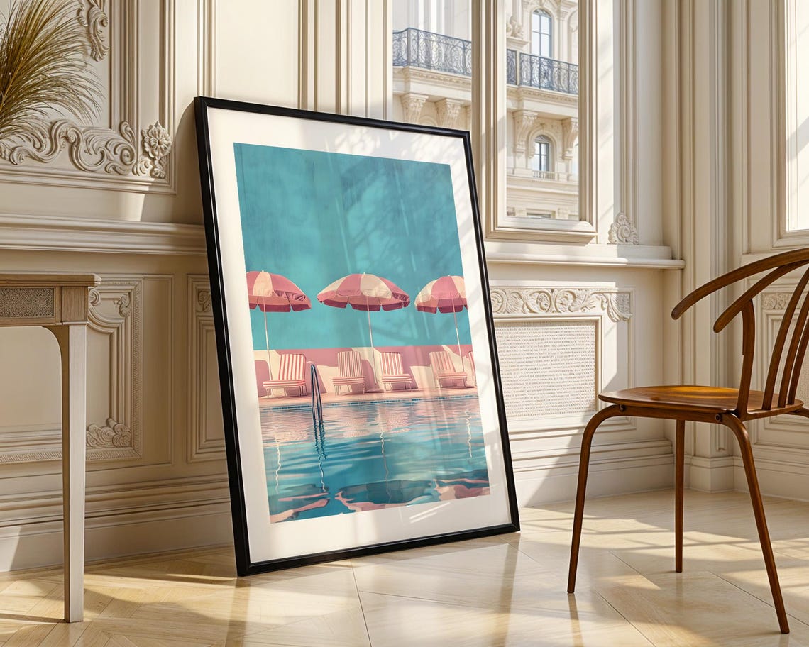 Retro Swimming Pool Pink Umbrellas Summer Vacation Art Poster - Image 3